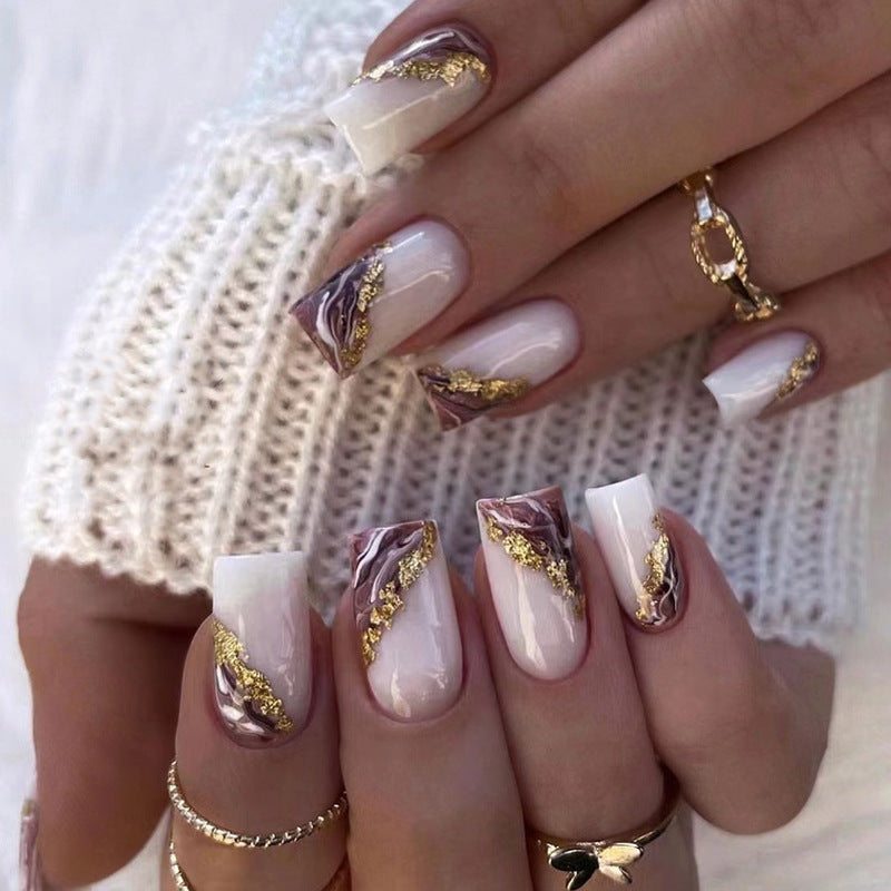 French Smudge Gold Leaf Press-On Nails Squoval