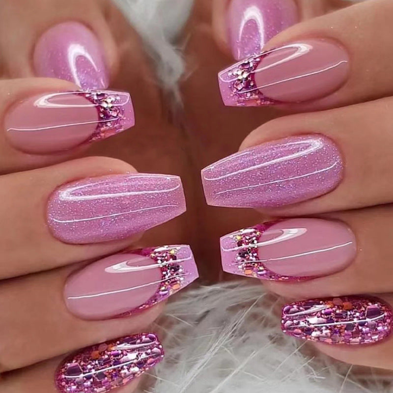 French Pink Gold Powder Press-On Nails Coffin